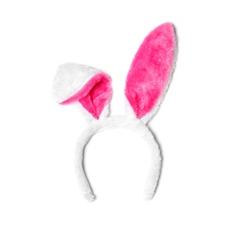 Photo of Funny headband with Easter bunny ears on white background, top view