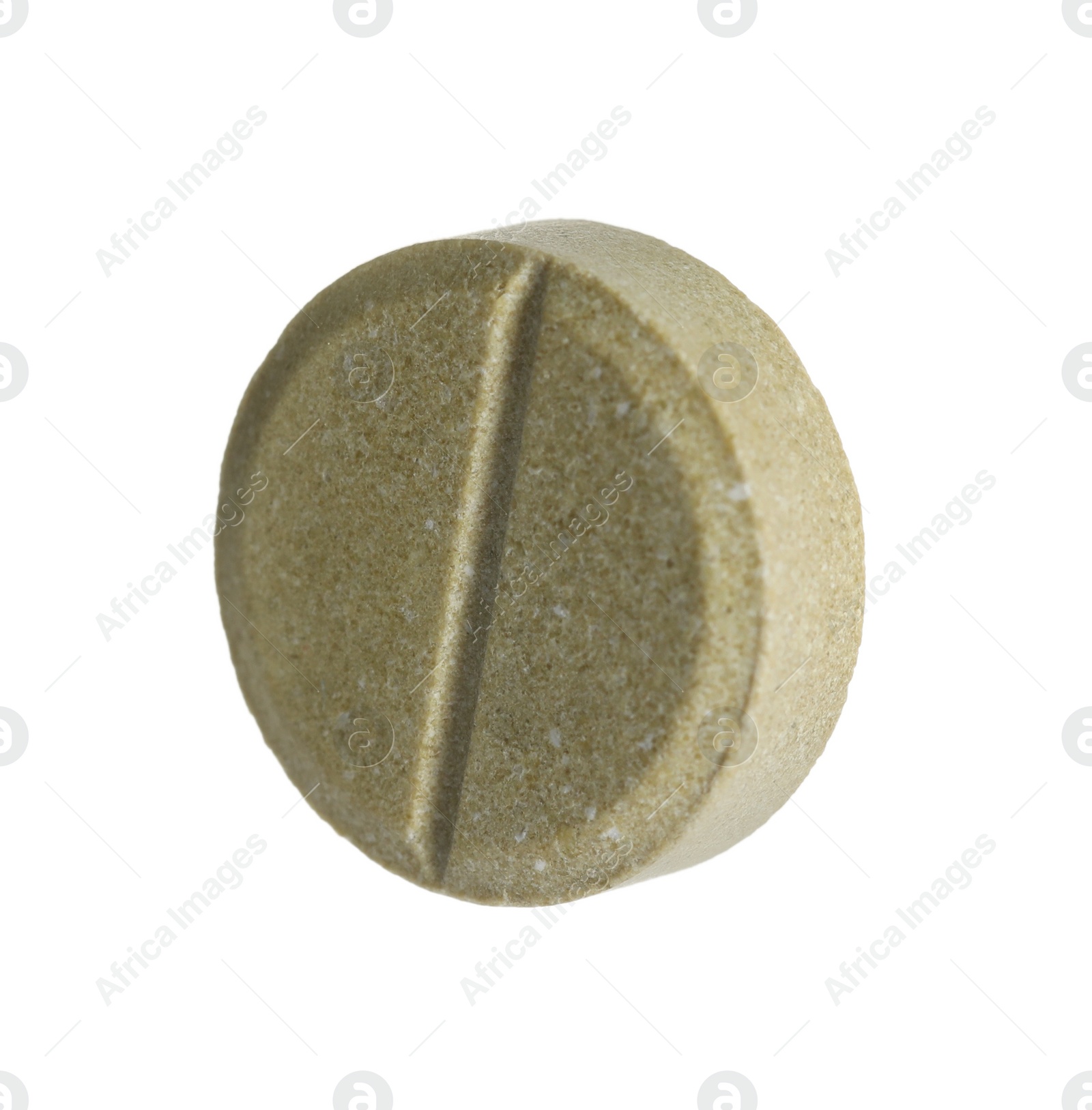 Photo of One round pill on white background. Medicinal treatment