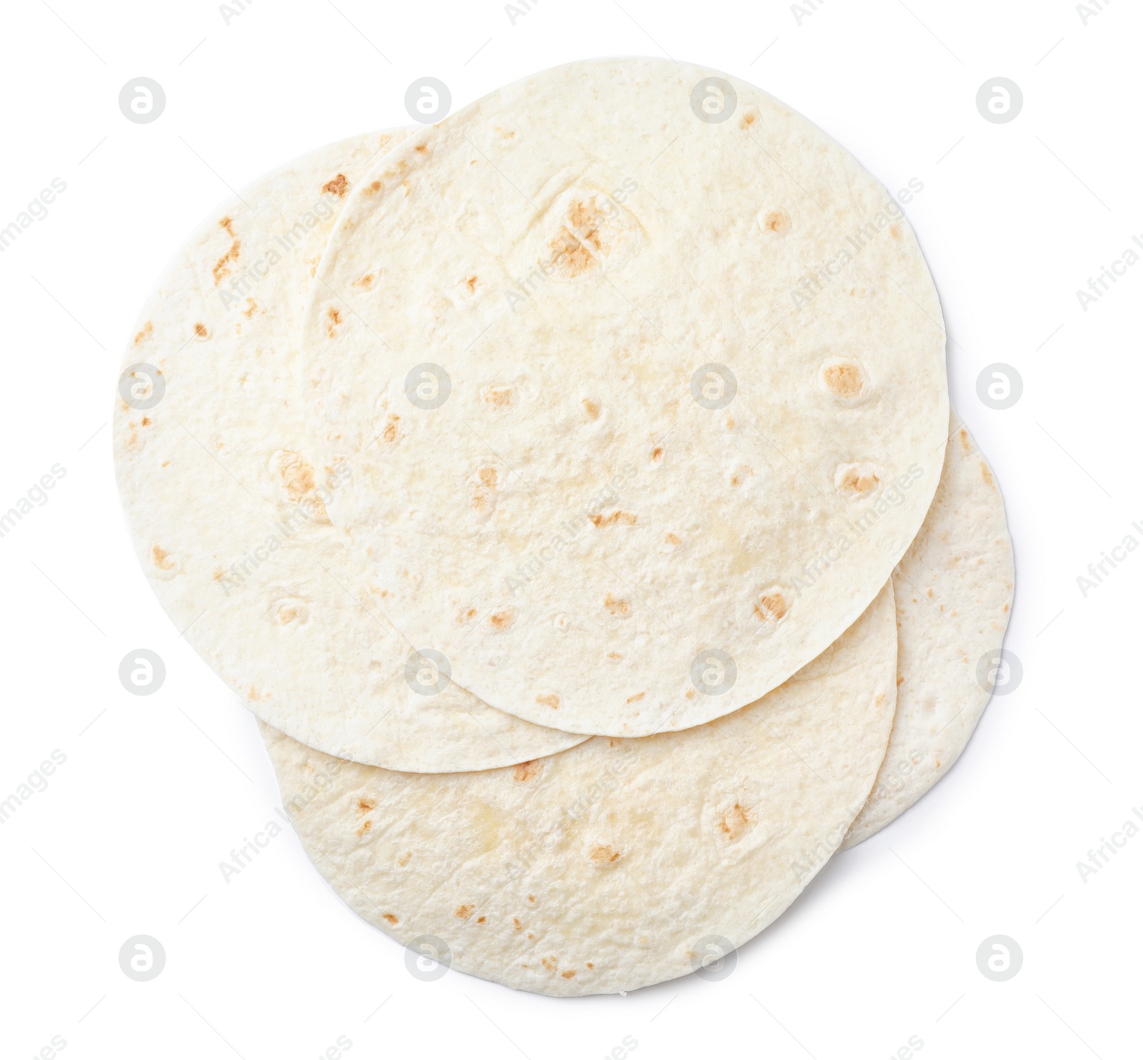 Photo of Corn tortillas on white background, top view. Unleavened bread