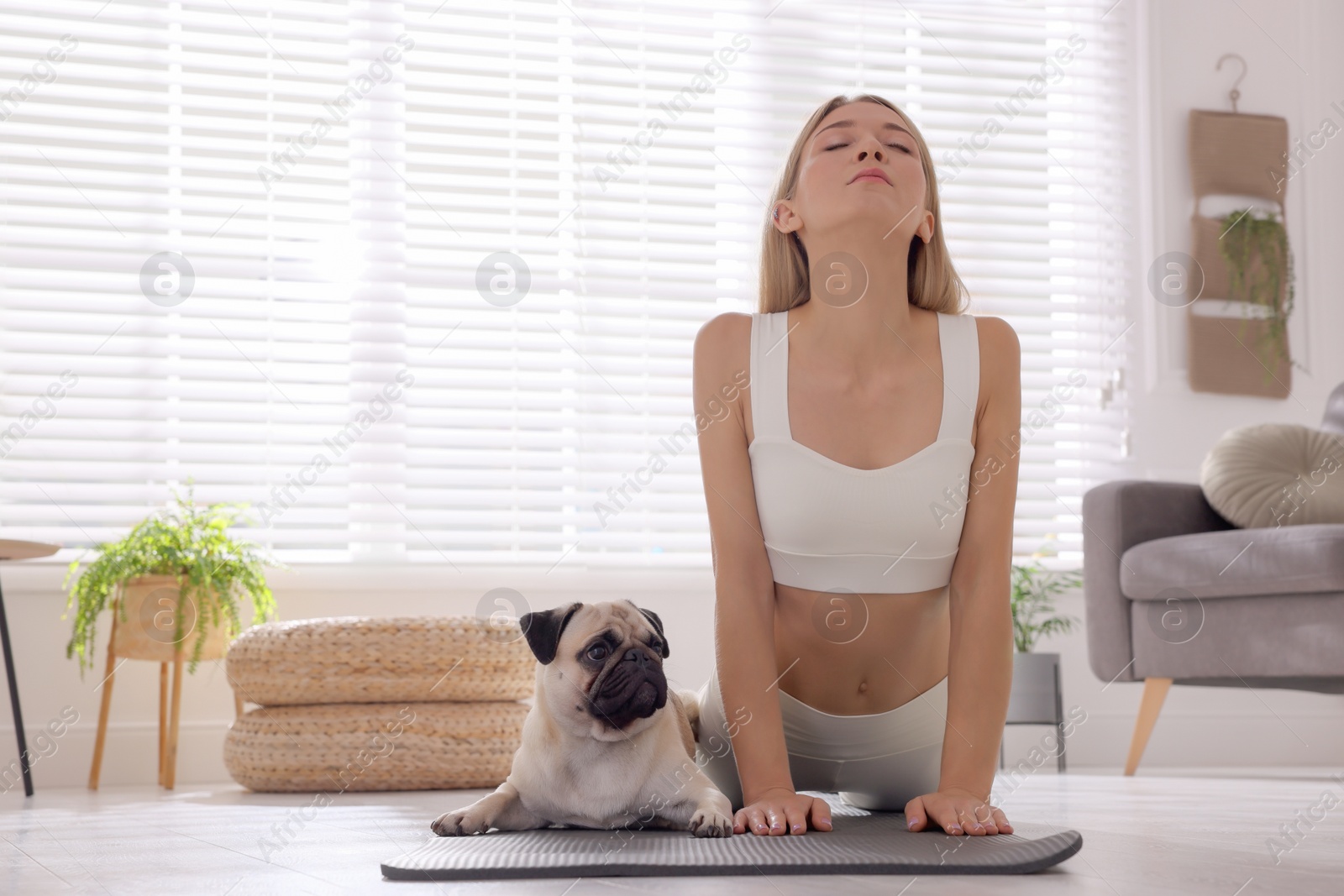 Photo of Beautiful woman with dog practicing yoga at home