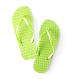 Photo of Bright flip flops on white background. Beach object