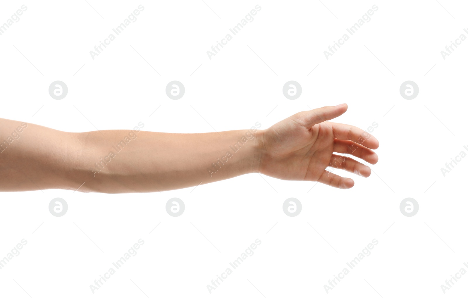 Photo of Young man held out hand on white background, closeup