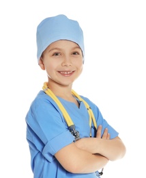 Cute little child in doctor uniform with stethoscope on white background