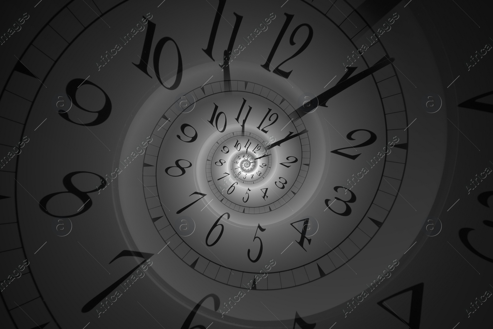 Image of Infinity and other time related concepts. White clock face twisted in spiral, shading fractal pattern
