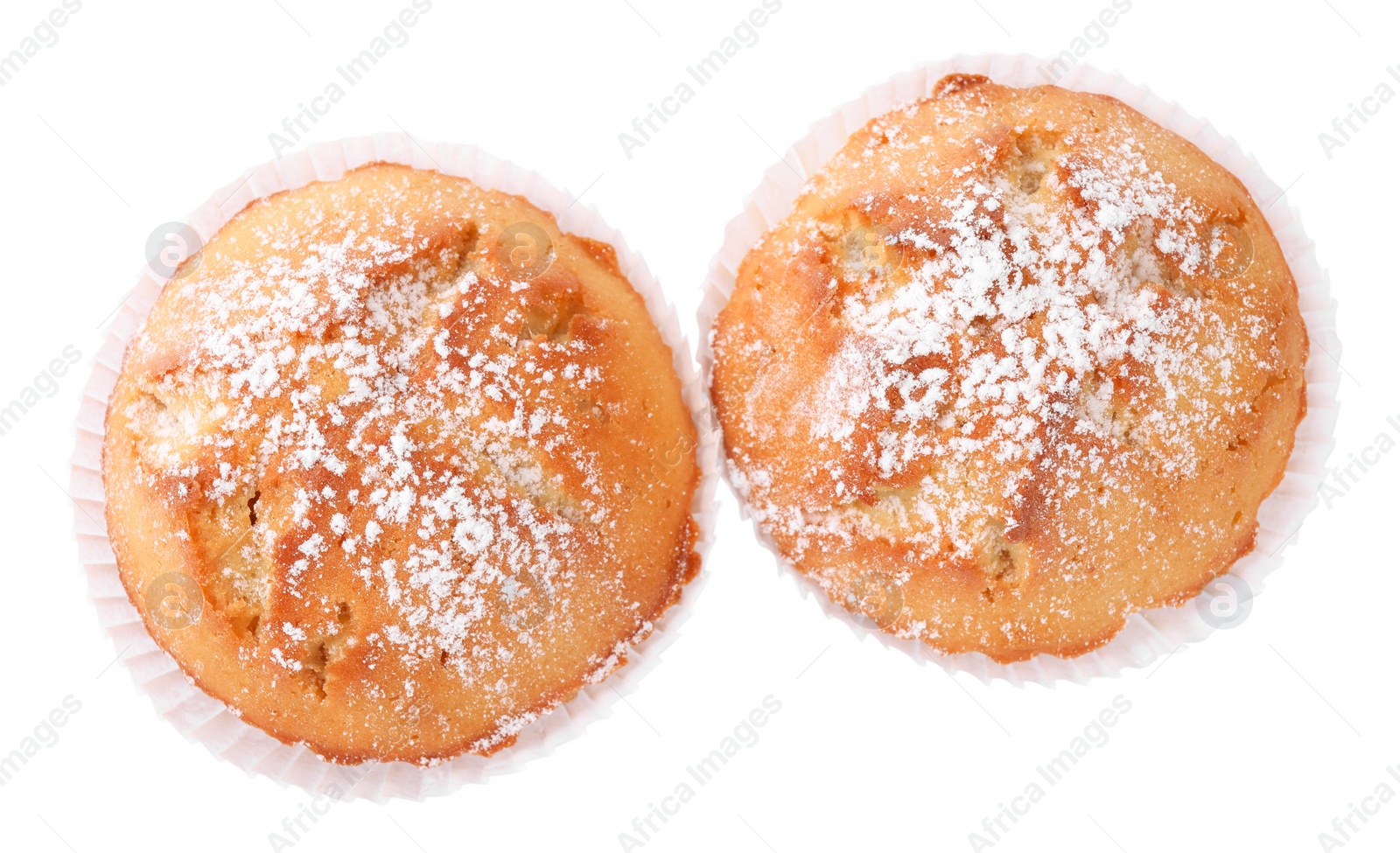 Photo of Tasty muffins powdered with sugar on white background, top view