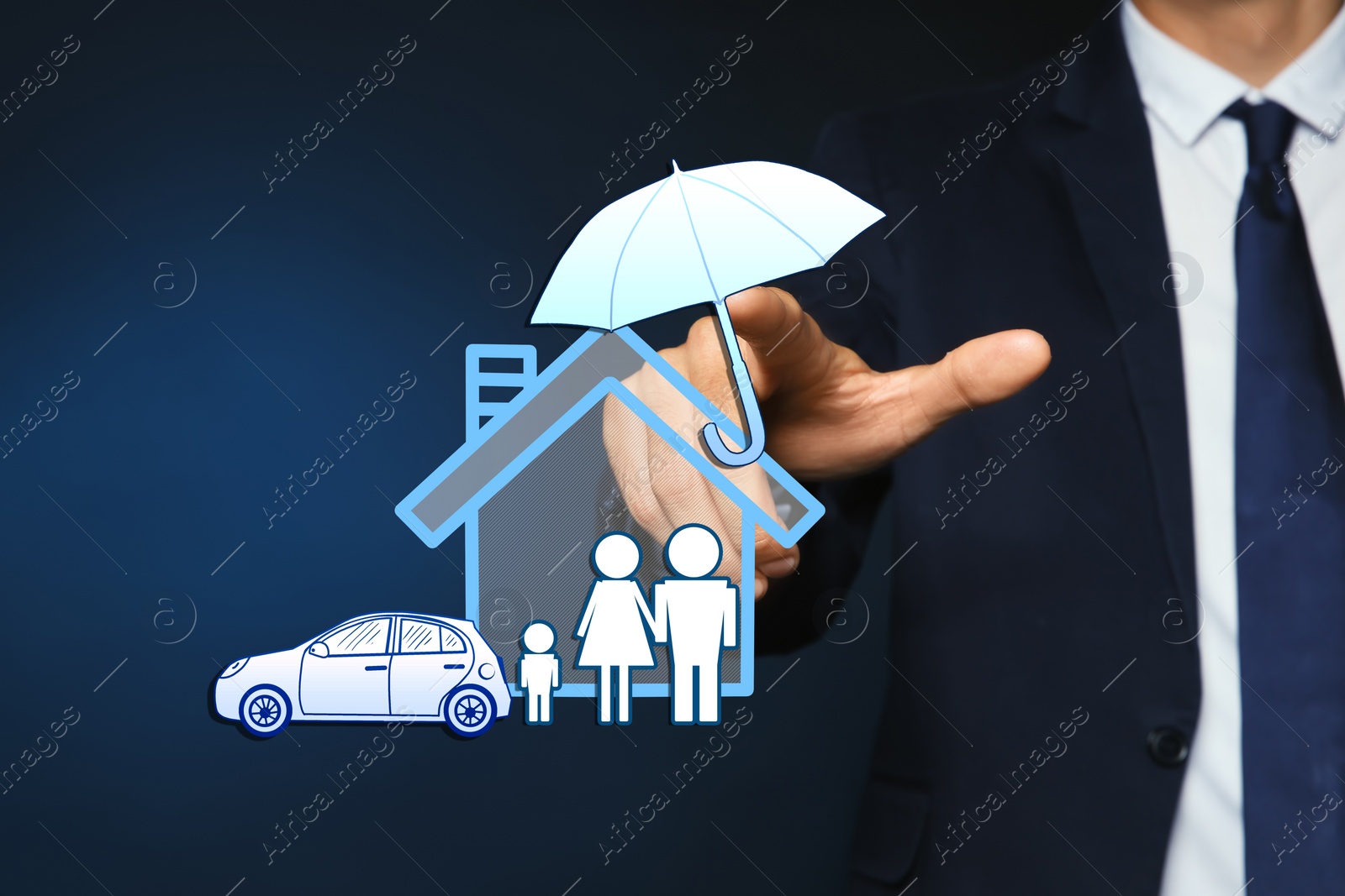 Image of Insurance concept - umbrella demonstrating protection. Man using virtual screen with illustrations, closeup