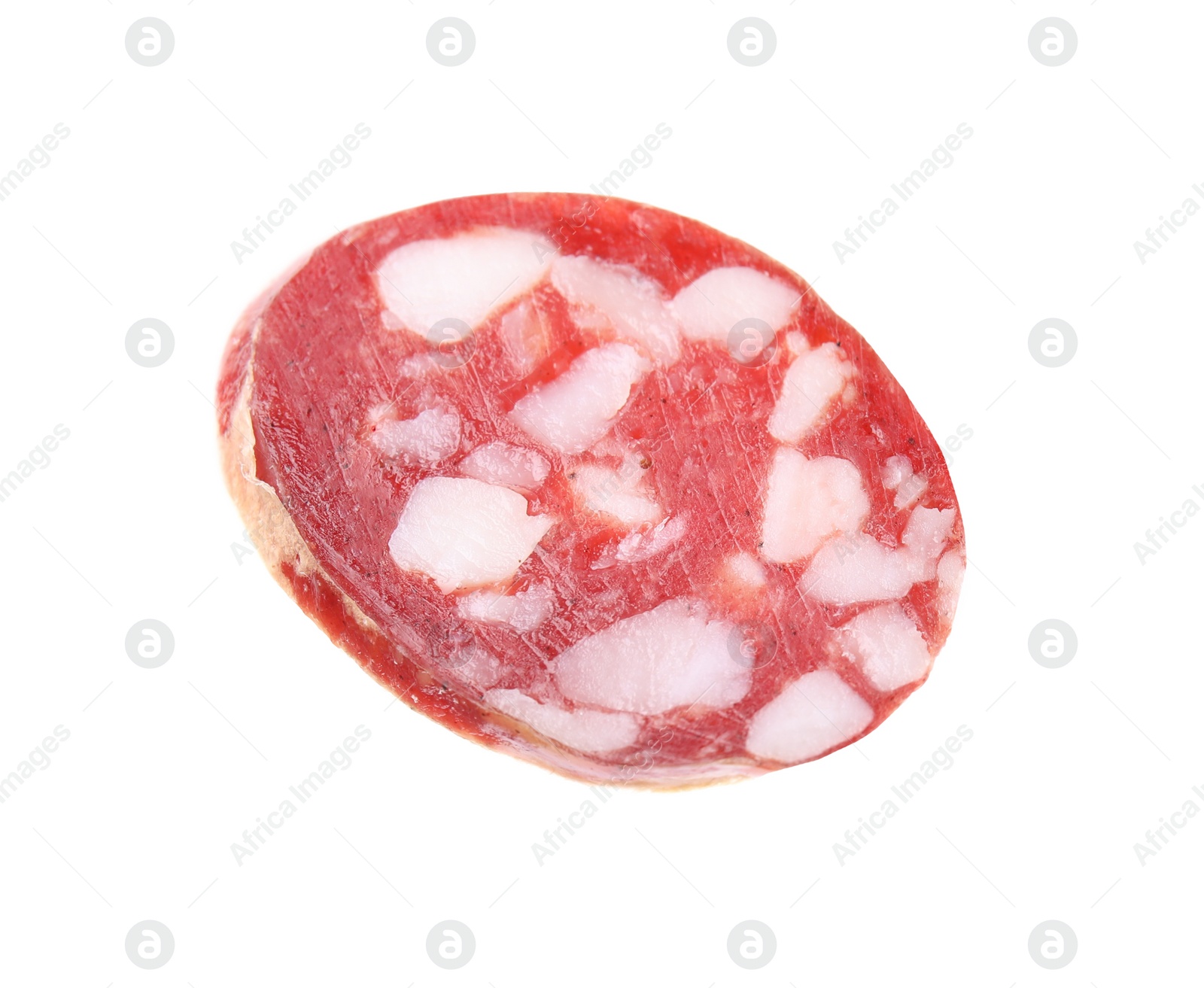 Photo of Slice of delicious smoked sausage isolated on white