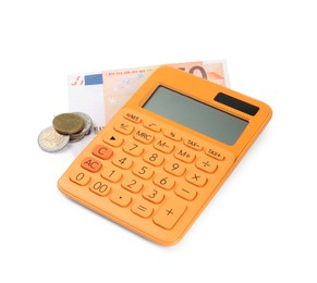 Photo of Calculator, euro banknote and coins isolated on white. Retirement concept