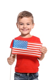 Photo of Little boy with American flag on white background