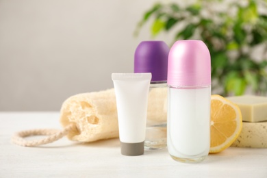 Photo of Composition with natural deodorant on white table