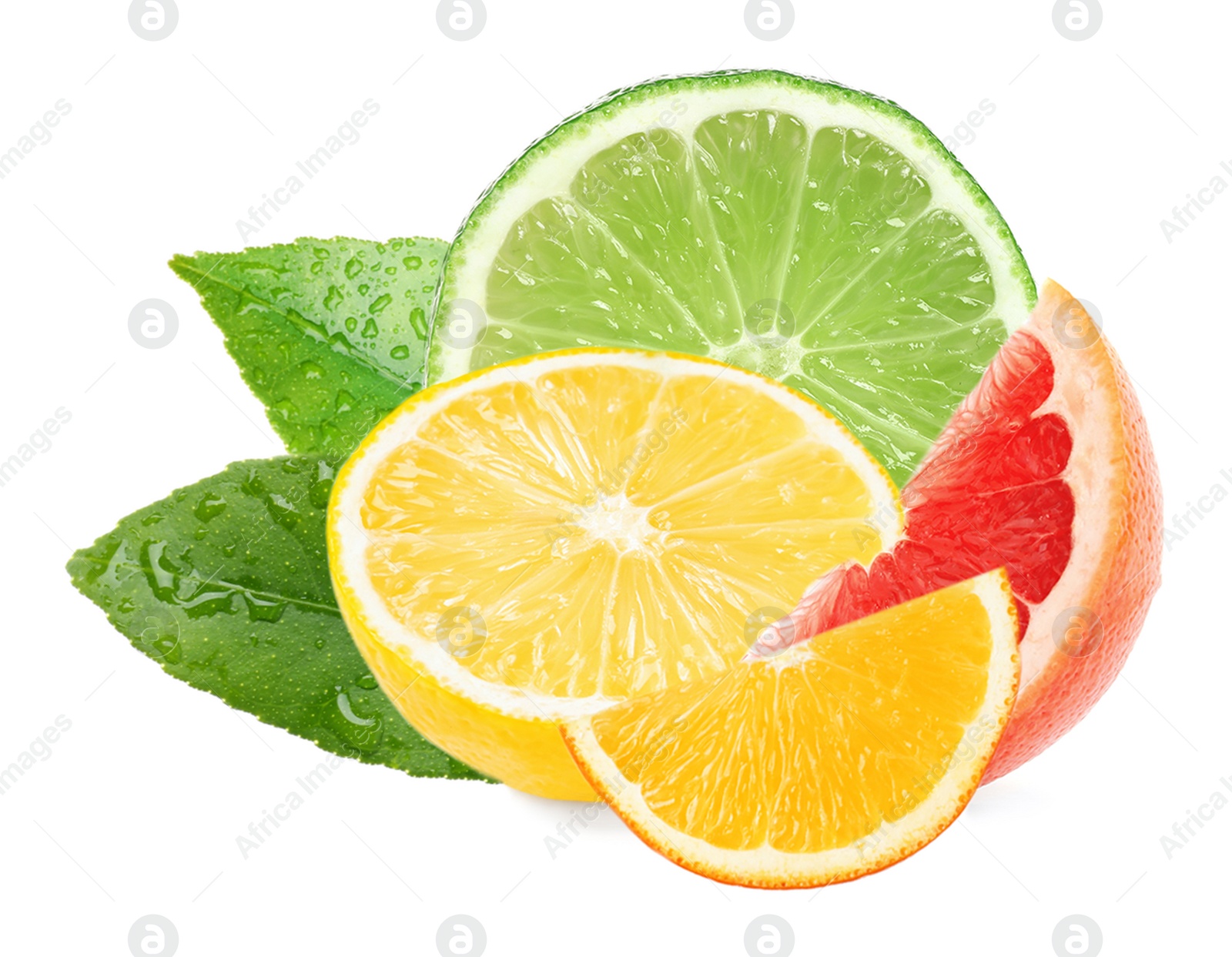 Image of Different citrus fruits with leaves on white background 