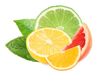 Image of Different citrus fruits with leaves on white background 