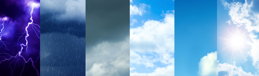 Photos of sky in collage, banner design. Different weather