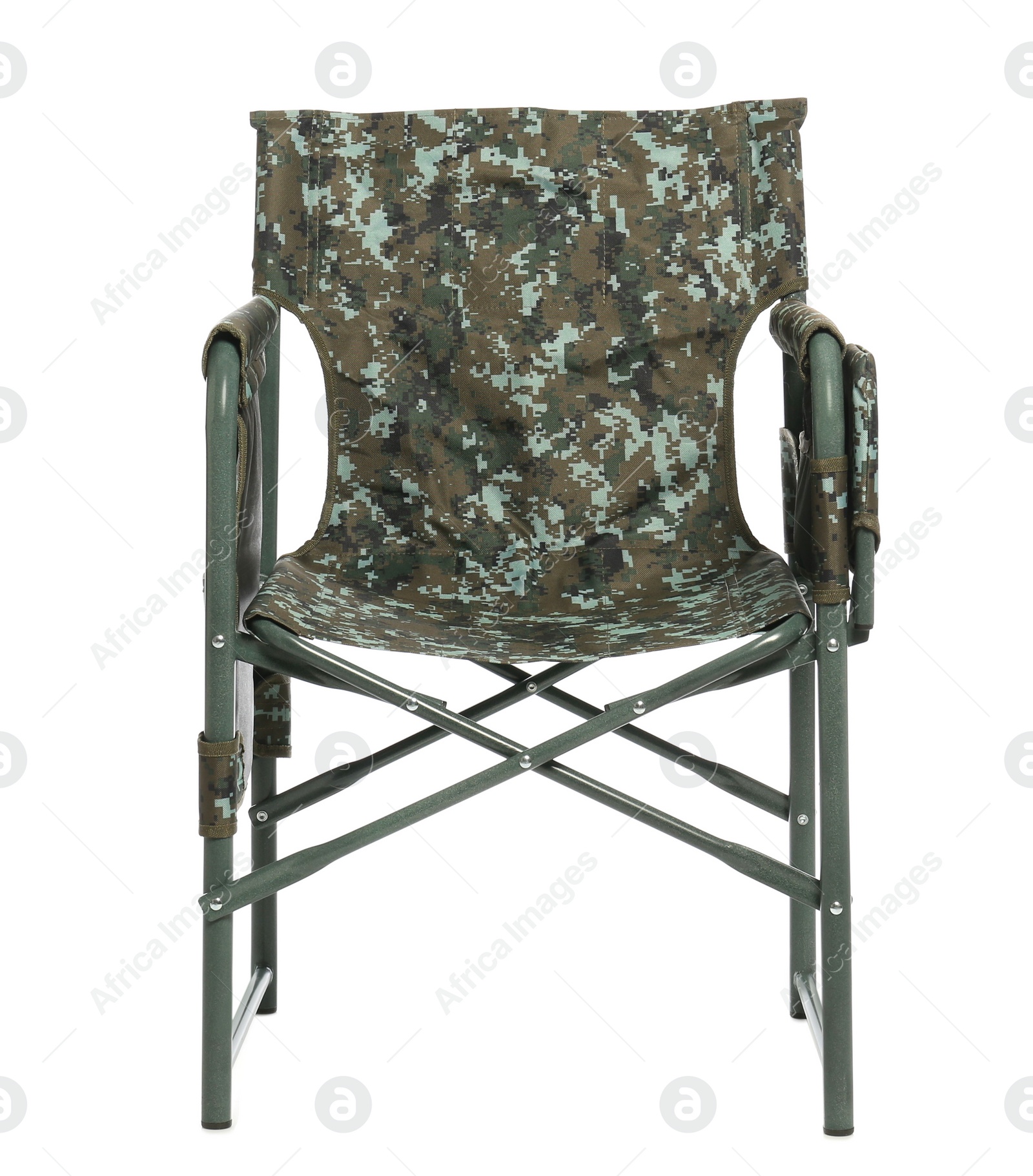 Photo of Comfortable camouflage fishing chair on white background