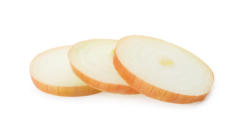 Photo of Slices of raw yellow onion on white background