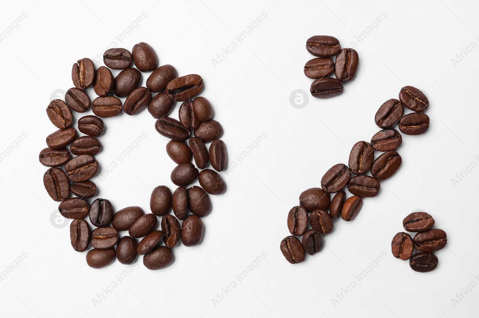 Photo of 0 percent made of coffee beans on white background, top view. Decaffeinated drink