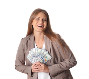 Portrait of happy young businesswoman with money on white background