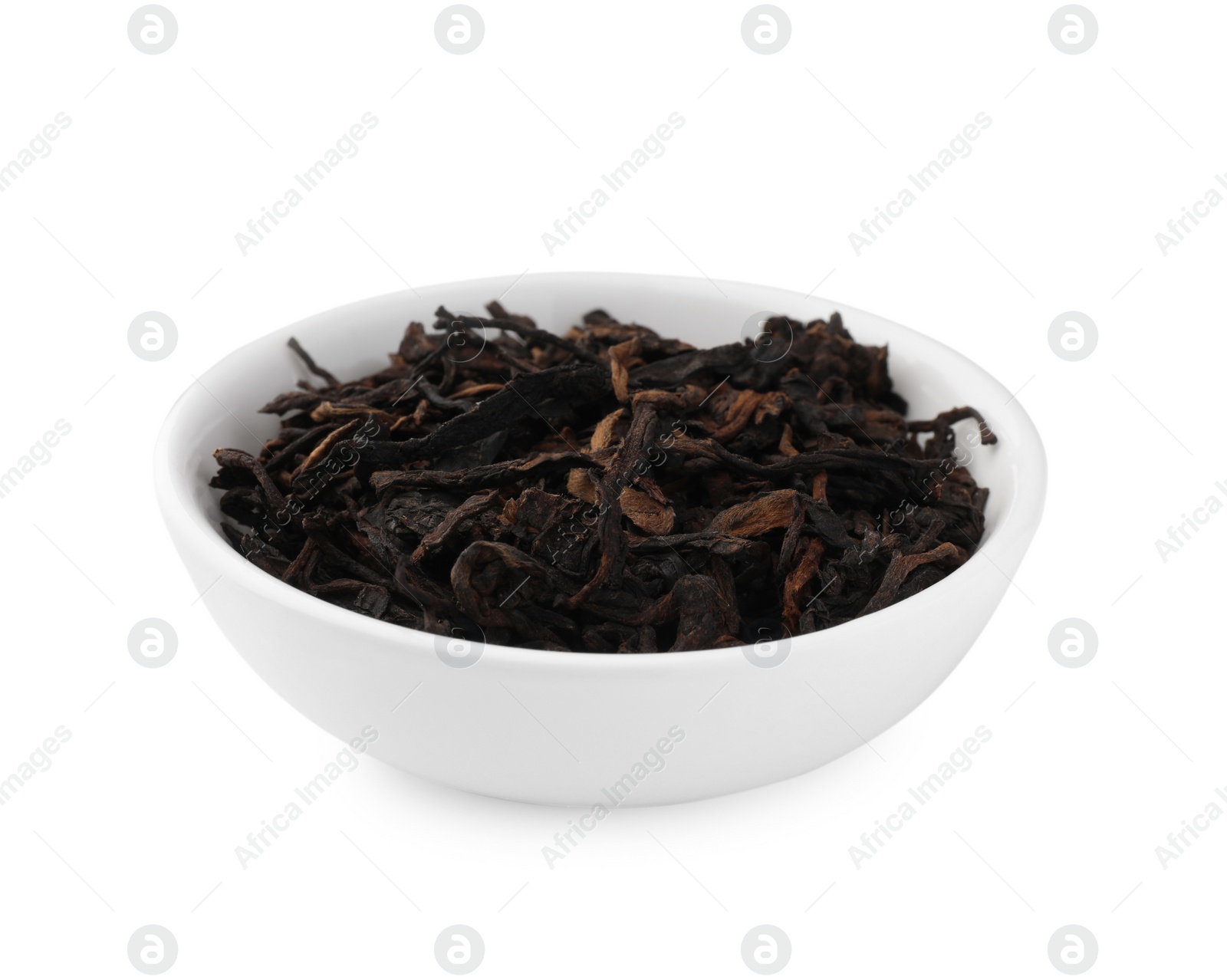 Photo of Bowl of traditional Chinese pu-erh tea leaves isolated on white