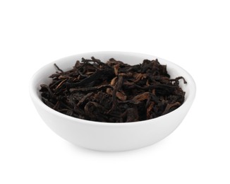 Bowl of traditional Chinese pu-erh tea leaves isolated on white