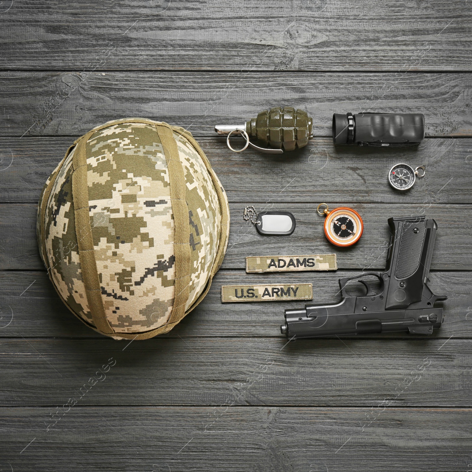 Photo of Set of military equipment on wooden background, flat lay