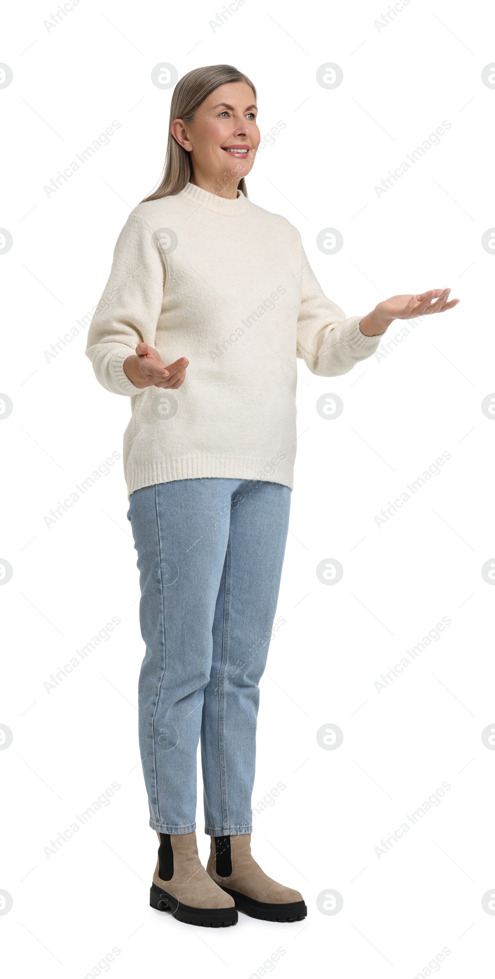 Photo of Senior woman greeting someone on white background