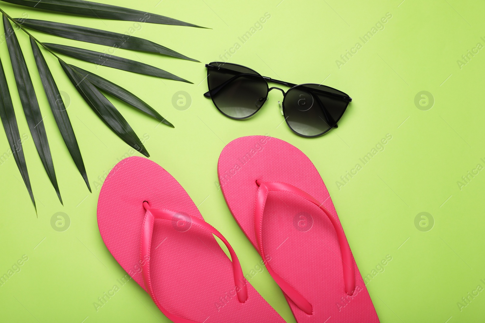 Photo of Stylish pink flip flops, sunglasses and palm leaf on light green background, flat lay