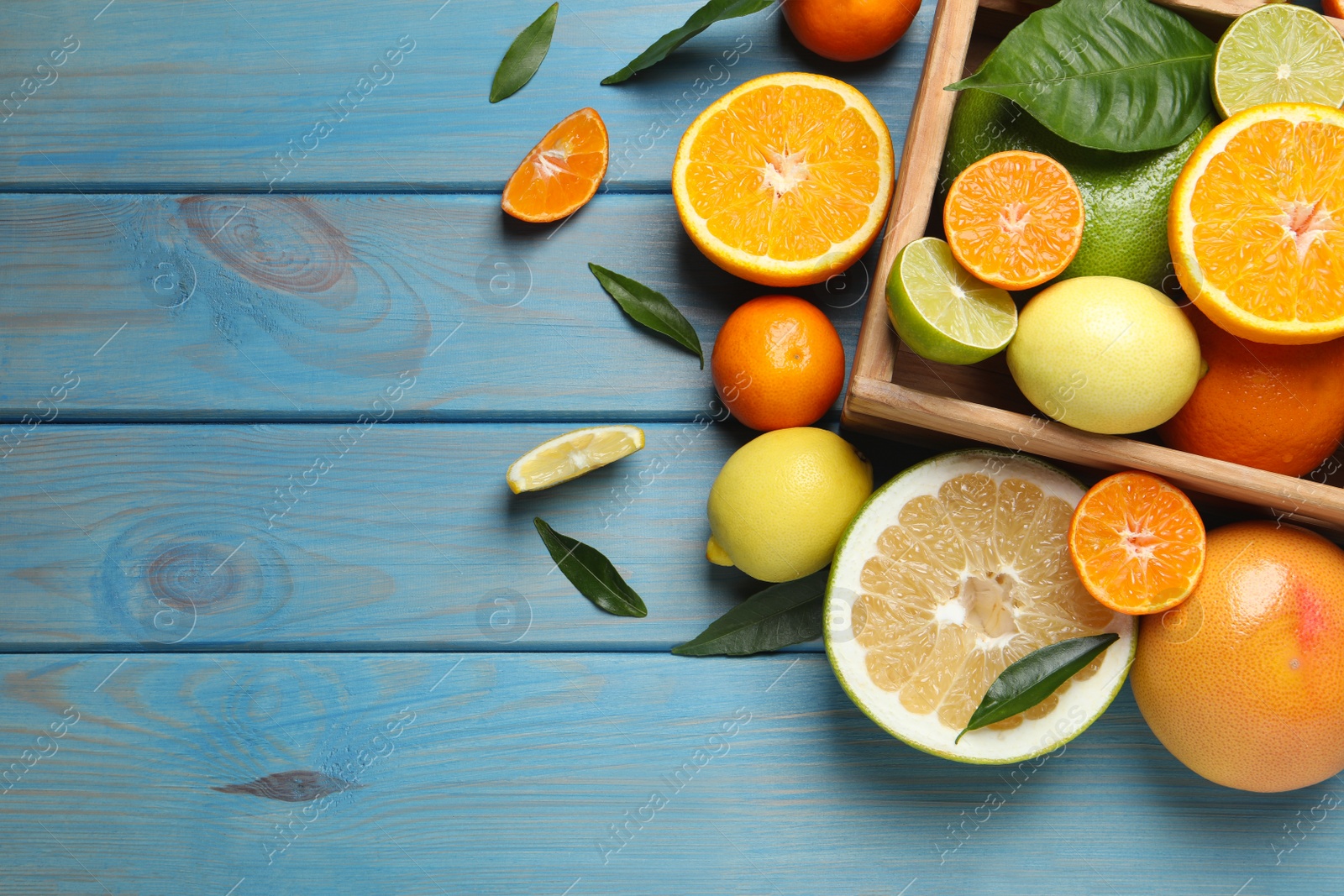 Photo of Different ripe citrus fruits with green leaves on light blue wooden table, flat lay. Space for text