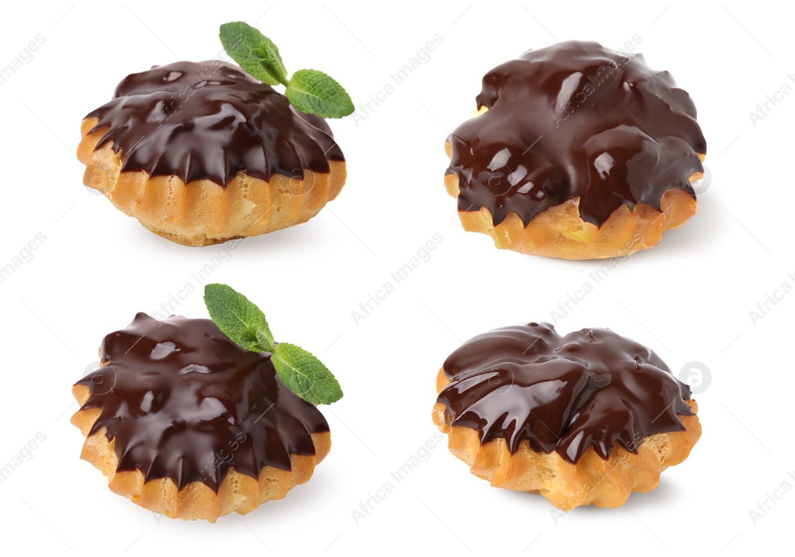 Image of Set of delicious profiteroles covered with chocolate on white background, different sides