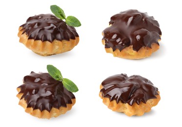 Image of Set of delicious profiteroles covered with chocolate on white background, different sides