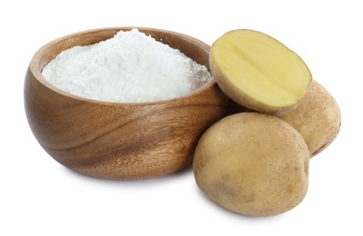 Wooden bowl of starch and fresh raw potatoes on white background