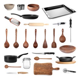 Set with different kitchenware on white background 