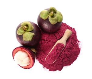 Photo of Mangosteen powder and fruits on white background, top view