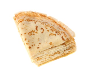 Photo of Stack of tasty thin folded pancakes on white background, top view
