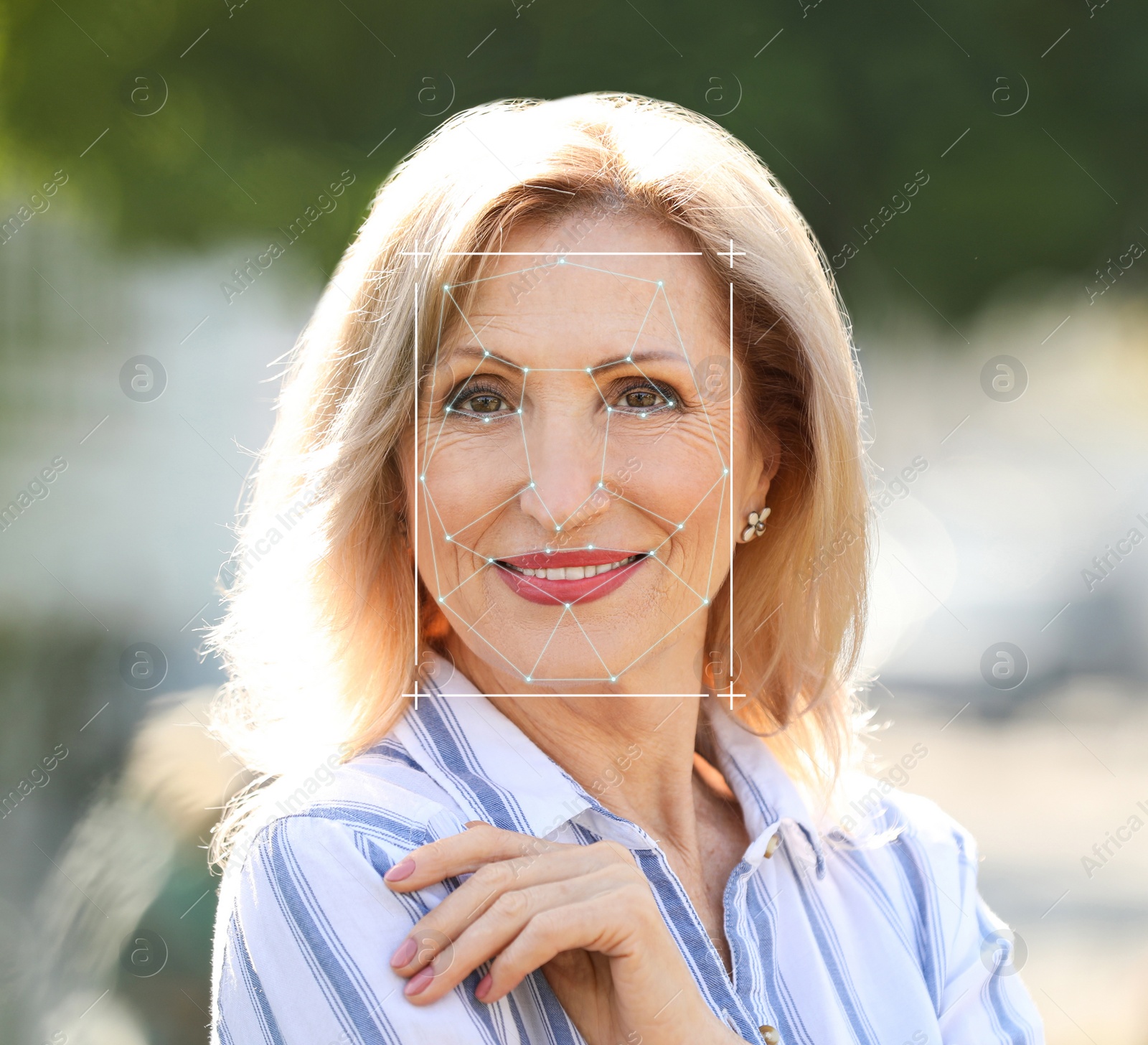 Image of Facial recognition system. Mature woman with scanner frame and digital biometric grid, outdoors