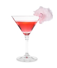 Photo of Alcohol cocktail in glass decorated with cotton candy and marshmallow isolated on white