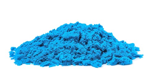 Pile of blue kinetic sand on white background