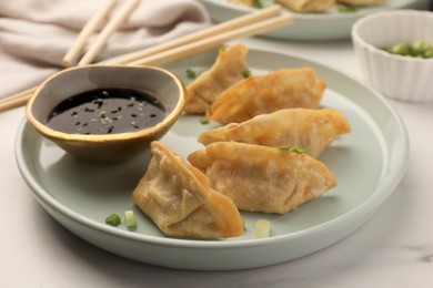 Photo of Delicious gyoza (asian dumplings) with green onions and soy sauce on white table, closeup