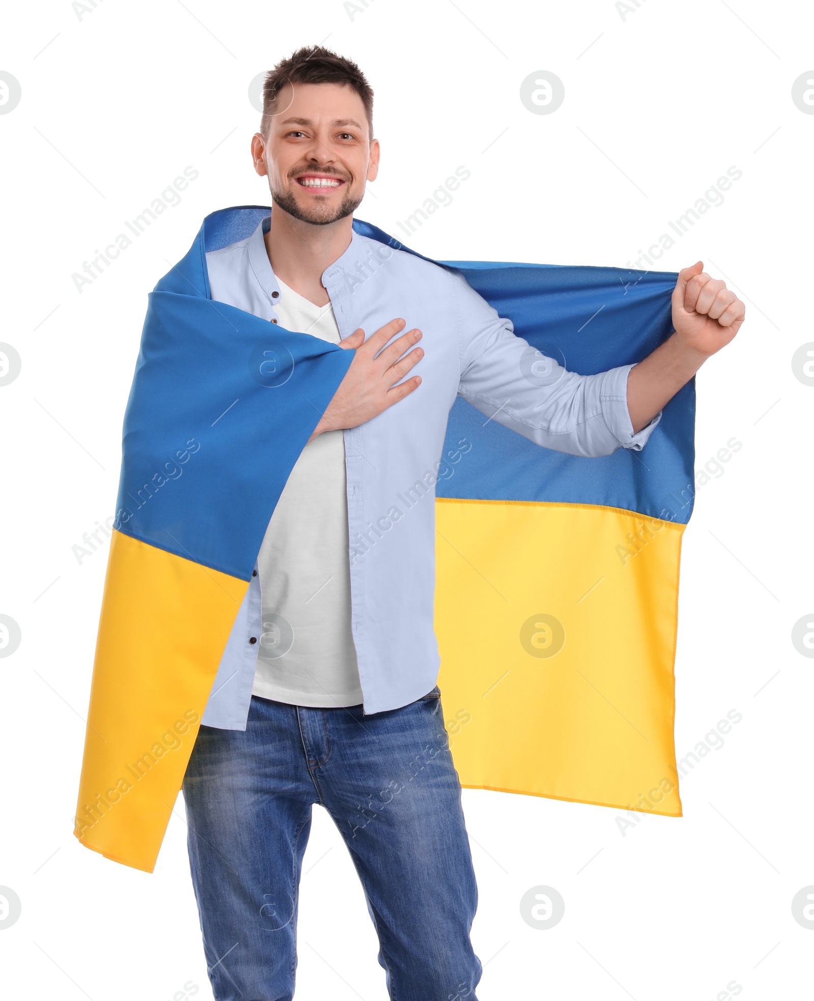 Photo of Man with flag of Ukraine on white background