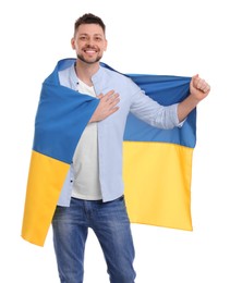 Photo of Man with flag of Ukraine on white background