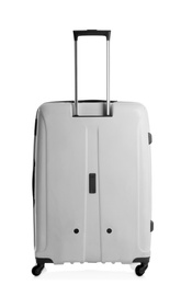 Modern suitcase for travelling on white background