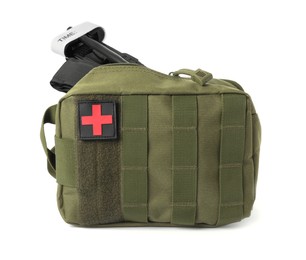 Photo of Military first aid kit and tourniquet on white background