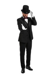 Magician in top hat on white background