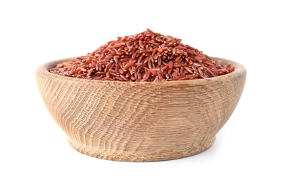 Photo of Bowl with uncooked brown rice on white background