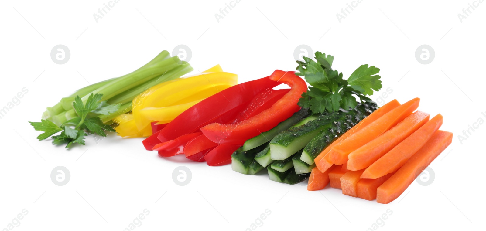 Photo of Different vegetables cut in sticks on white background