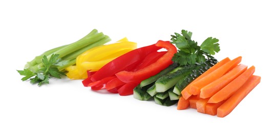 Photo of Different vegetables cut in sticks on white background