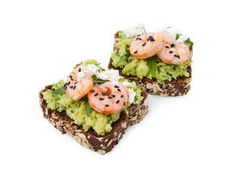 Photo of Delicious sandwiches with guacamole, shrimps and black sesame seeds on white background