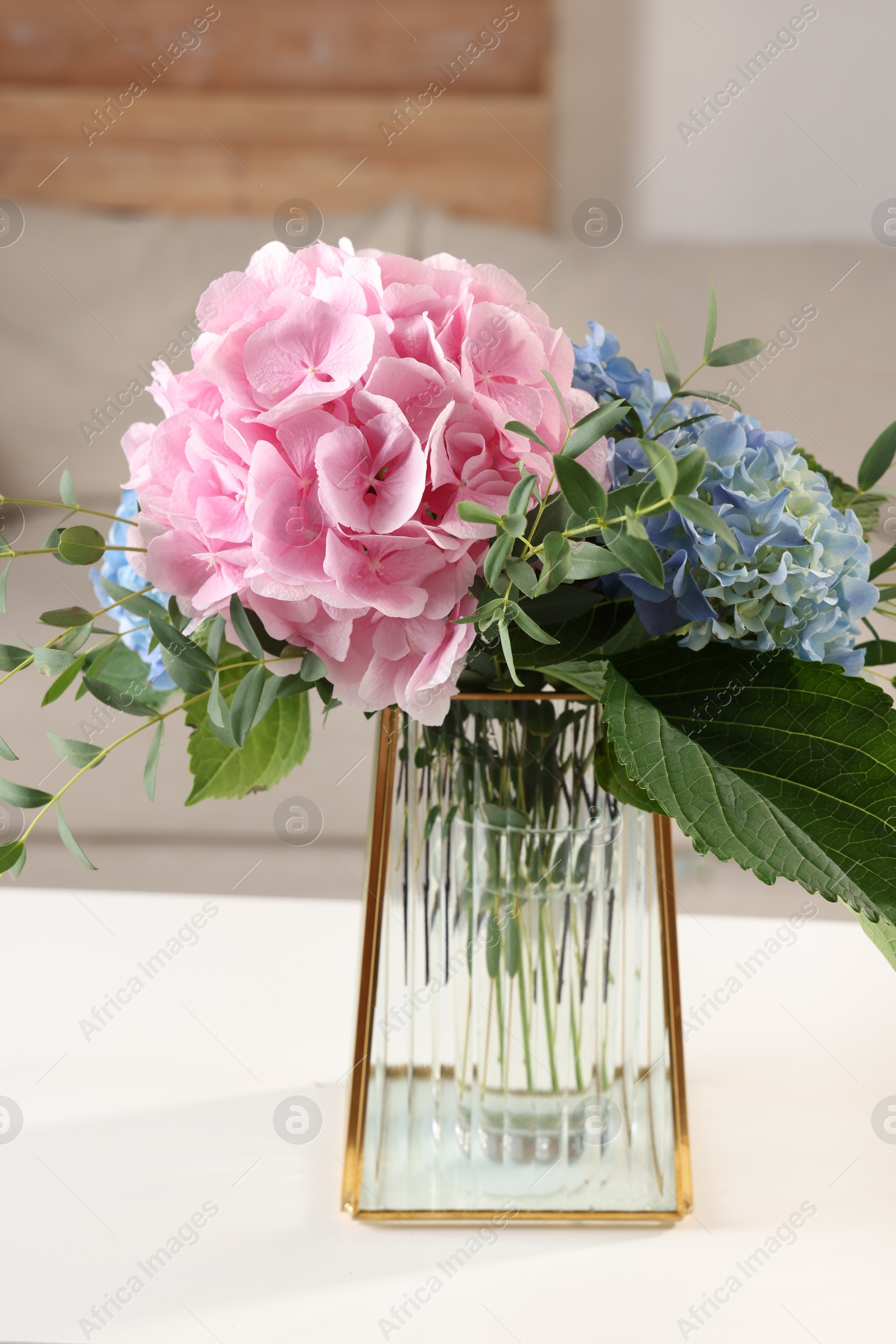 Photo of Beautiful hortensia flowers in vase on white table indoors
