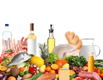 Assortment of fresh organic products on white background. Balanced food