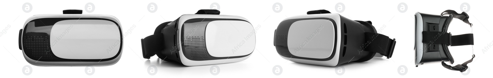 Image of Modern virtual reality headsets on white background. Banner design