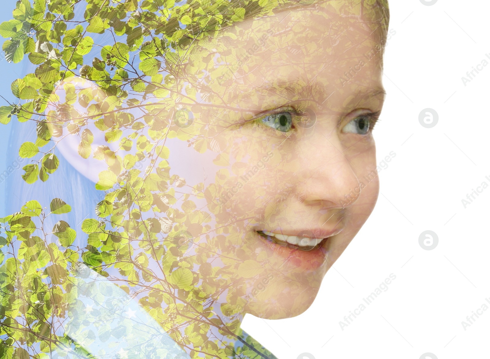 Image of Double exposure of cute little girl and green tree on white background